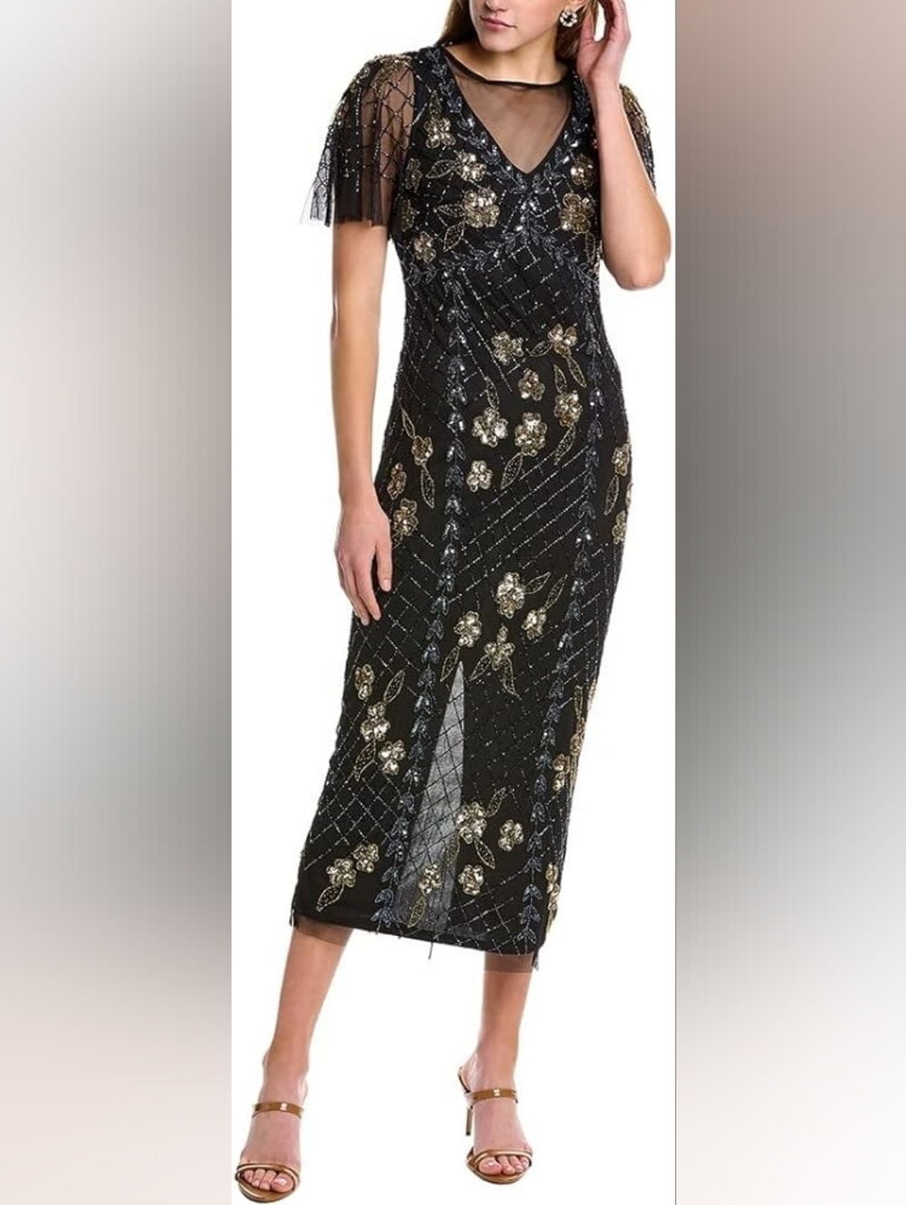 Adrianna papell Embellished Mesh V-Neck Midi Dress - Picture 4 of 9